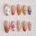Luxury Press on Nails Medium Almond Handmade 3D Unique Reusable ABS Material Fake Nails French Tip False Nails with Designs White Pink Flower Art Petal Glossy Glue on Nails Thick Acrylic Nails(M)