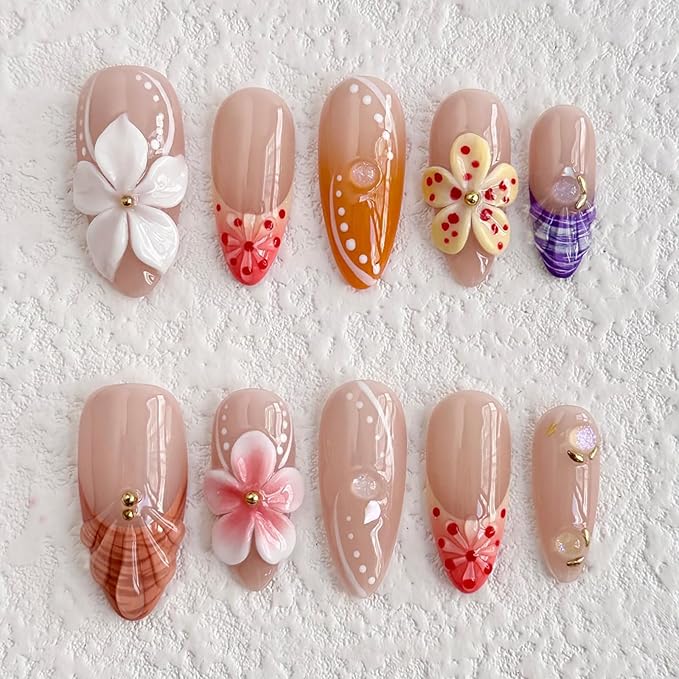 Luxury Press on Nails Medium Almond Handmade 3D Unique Reusable ABS Material Fake Nails French Tip False Nails with Designs Pink White Flower Art Petal Glossy Glue on Nails Thick Acrylic Nails(S)