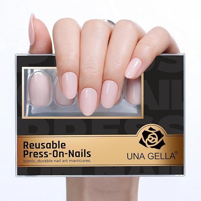 UNA GELLA 32Pcs Soft Gel Press on Nails - 16 Sizes Pastel Baby Pink Round Glue on Nails, Oval Reusable Glossy Natural Pink False Nails, Full Cover Acrylic Nail Kit for Women DIY Home Manicure