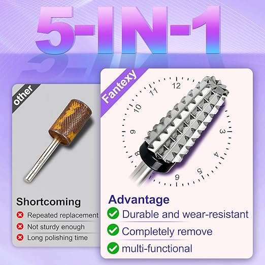 FANTEXY 3/32" Carbide Nail Drill Bits - 5 in 1 Cuticle Drill Bits for Nails, Gel Remover Drills Bit, Nails File Bits for Old Skin and Nails, Manicure Pedicure Gel Polishing (Extra Coarse - XC)