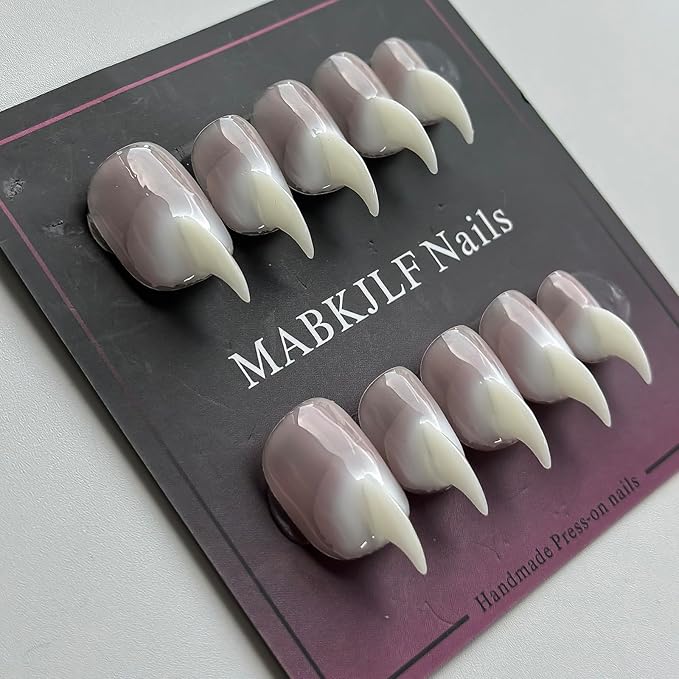 Halloween Press on Nails Luxury Short Stiletto Handmade Cat Claw Unique Reusable ABS Material White Fake Nails Eagle Claw False Nails Glossy Glue on Nail Curved Thick Acrylic Nail(M)