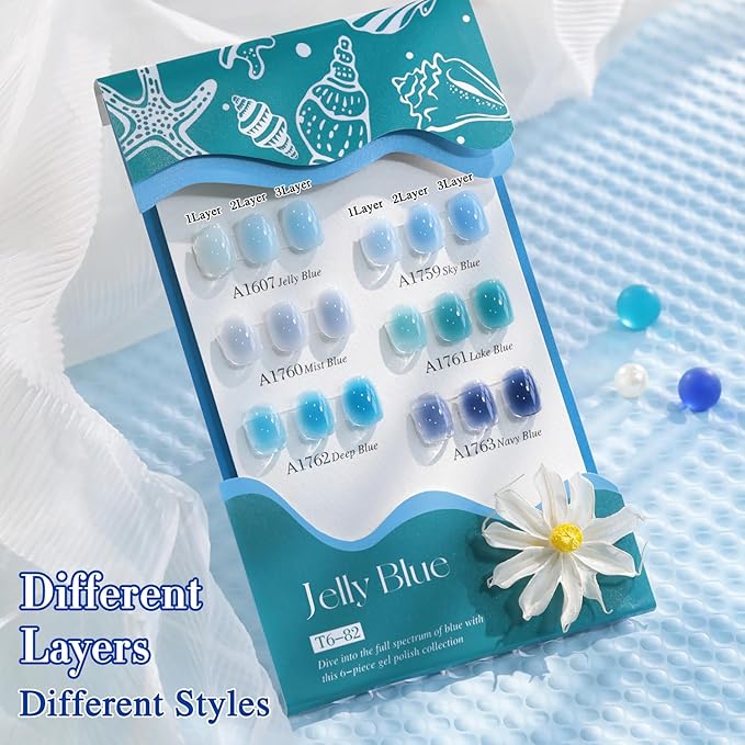 Double Rhythm 6 Pcs 15 ML Gel Polish Set Same Color Same Bottle Soak Off Gel Polish Kit Nail Art Manicure Salon DIY at Home for Women (Jelly Milky Light Dark Blue Navy-T6-82)