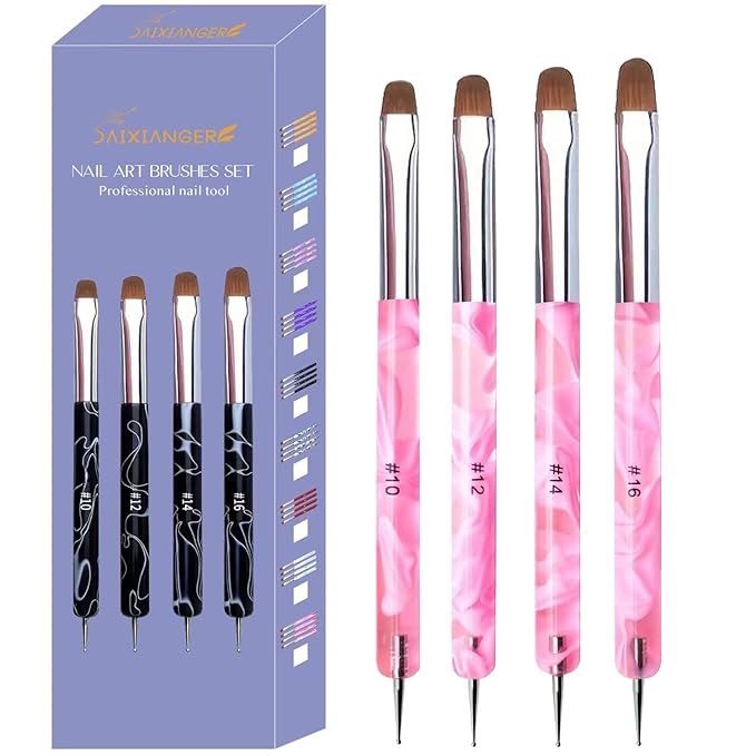 4Pcs French Tip Brush, Double-Ended French Brush for Nails with Dotting Tool, Clean Up Brushes for Gel Nail Polish, Size 10/12/14/16, Acrylic Nail Art Brushes, Manicure Tools for DIY Nail Design-Pink