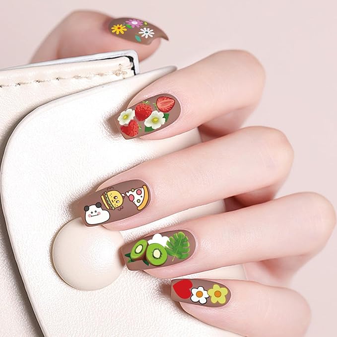 24 Sheets Nail Stickers Nail Art for Women Girls Cherry Fruit Yellow Duck Rabbit Cute Animals Self Adhesive DIY Design Printing Kids Nail Stickers Spring Nail Decoration Decals 1 Tweezers