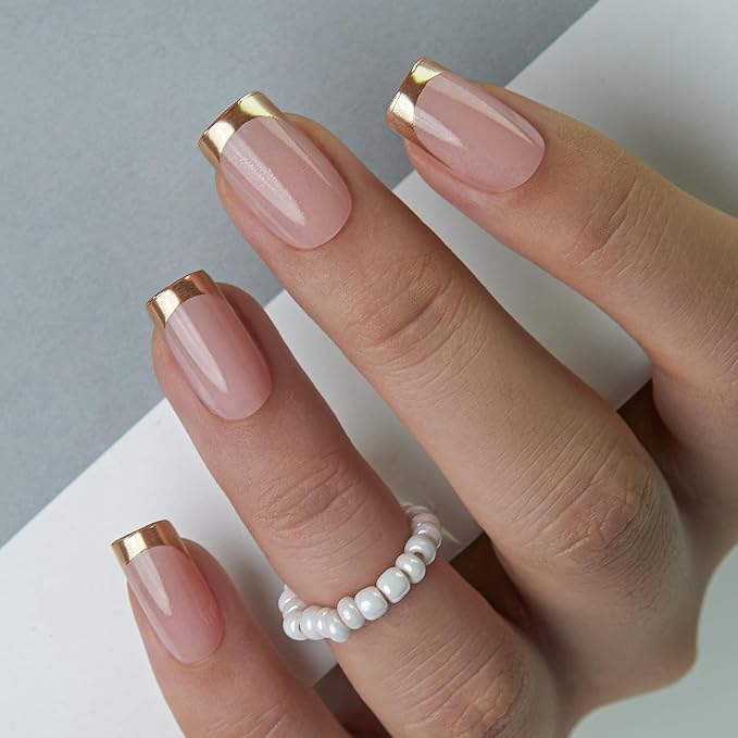 Curvlife Press On Nails Short Square - Chrome Gold French Tip Press on Nails with Glue, Metallic Gold Chrome French Manicure Glossy False Nail Tips for Women