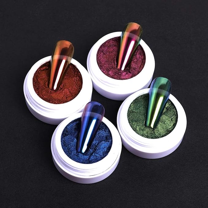Chameleon Nail Glitter Powder Set – 4 Colors Holographic Chrome Powder for Nails, High-Gloss Color-Shifting Pigment with Brush – Nail Art Decoration for Carnival, Cosplay & Holiday Parties