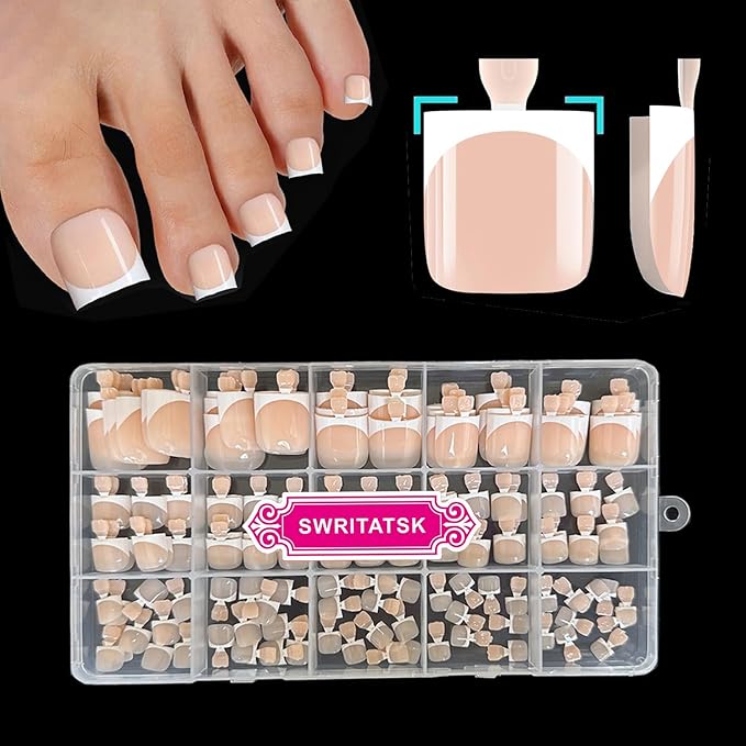 Toe Nail Press Ons, French Tip Toe Press On Nails for Salon, 150pcs Square Pre-Designed Soft Gel Thick False Toenail Extension, French Nude Acrylic nails Valentines Gifts for Women 15 Sizes