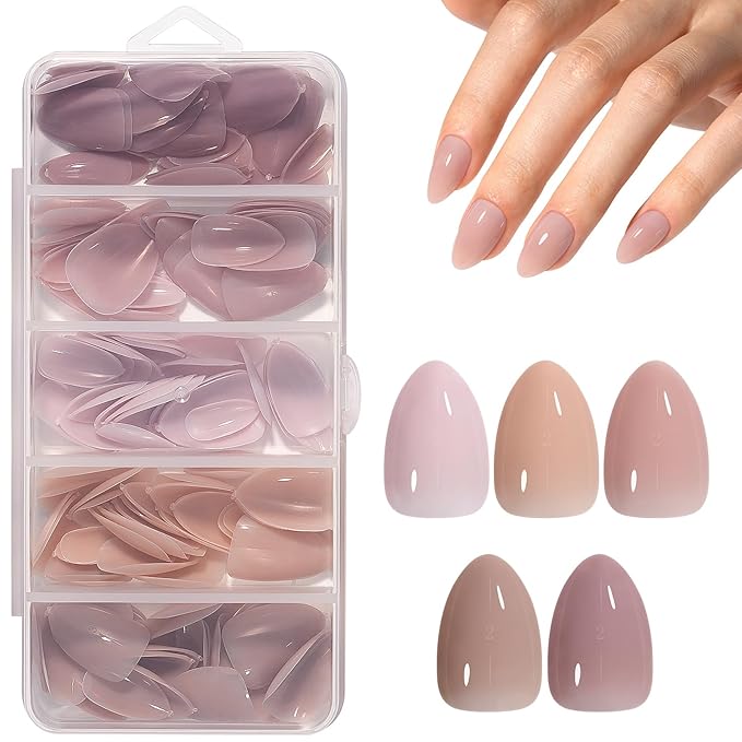 AILLSA RealFit Nude Tone Mixed Color Press On Nails Short Almond - 4 in 1 False Nail Tips Set Long Lasting Nail Extensions For Nail Art DIY 150 PCS