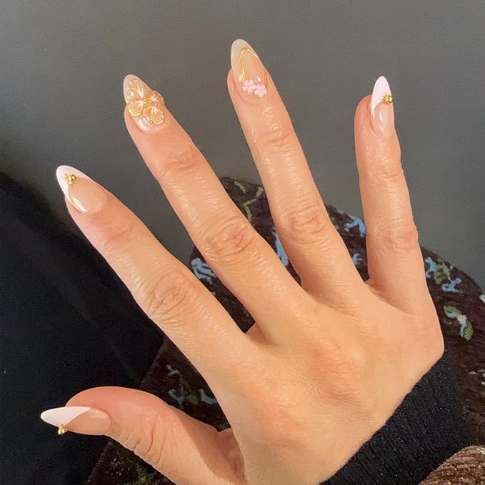 10 Short Almond Handmade Press On Nails | Nude & Blush Ombre Design with 3D Floral & Gold Accents | Salon-Quality, Easy Apply/Remove, Reusable & Long-Lasting (251214, XS)