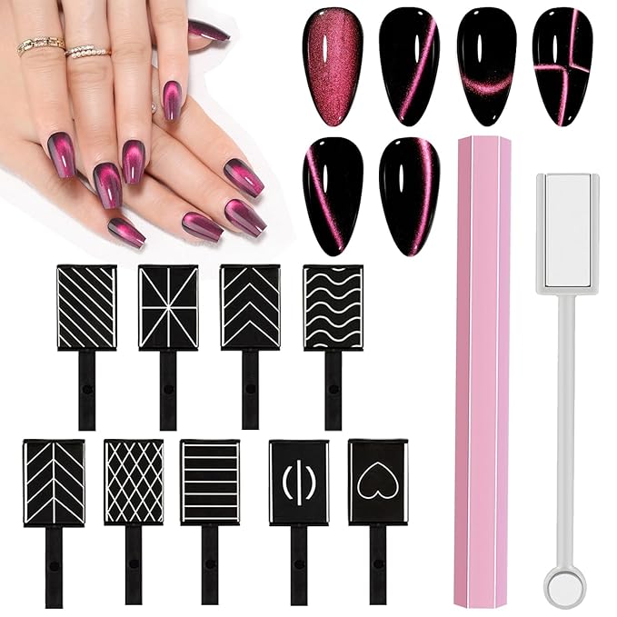 11 PCS Cat Eye Magnets For Nails Magnets For Cat Eye Nails Professional 11 In 1 Nail Polish Magnet For Gel Polish Magnets Wand Magnetic Nail Pen Pink Hexagon Strong Nail Magnet Stick Pens