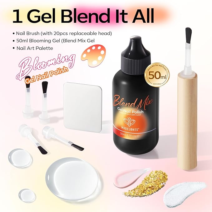 modelones 50ML Blend Mix Blooming Gel Nail Polish Set with Nail Art Palette & 20PCS Nail Brushs, Clear Blooming Gel for Spreading Effects Floral Print Marble Design Mix Color Glitter Nail Art DIY