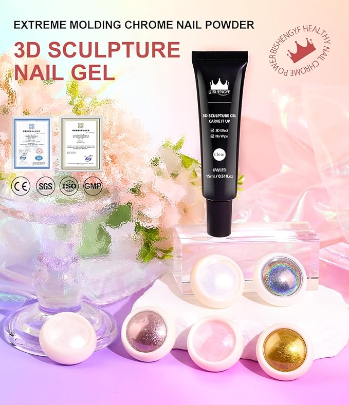 Chrome Nail Powder and 3D Nail Gel Kit BISHENGYF: 15g No Wipe 3D Sculpting Gel Aurora Pink White Pearl Gold Chrome Nail Powder with Clear 3D Carving Nail Molding Glue Set for Nail Art Decoration