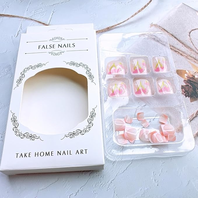 24 Pcs Valentines Day Press On Heart Pink French Tip False Toenails Full Cover Glue On Nails for Women Girl Nail Design Decoration