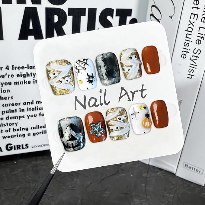 Halloween Handmade Press on Nails Golden Glitter Fake Nails Halloween Cute Mummy Spider Web Spider Designs Muti-Layer Gel Thick Acrylic Nails Full Cover Short Square False Nails for Women (Size M)