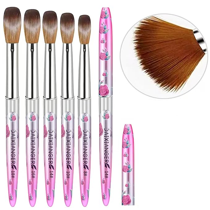 5PCS Valentine Acrylic Nail Brush Set - Size 8/10/14/16/18 Brushes for Acrylic Powder Application, 3D Carving & Nail Art Extension, Pink Flower Handle Nail Tools for DIY Salon Manicure