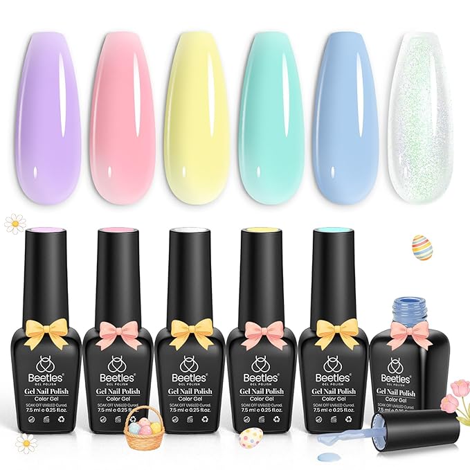 Beetles Pastel Gel Polish Set - Spring 6 Colors Yellow Purple Mint Green Gel Polish Blue Jelly Rainbow Shimmer Gel Nail Polish Manicure at Home Easter Gifts for Women