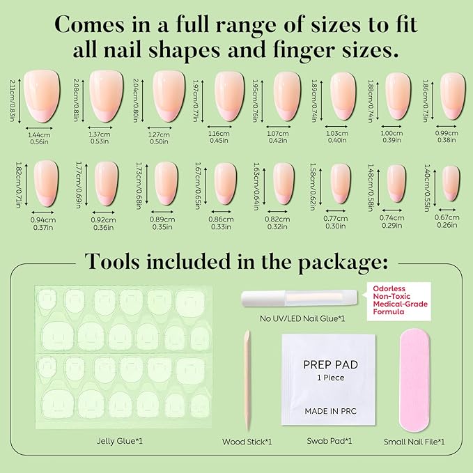 Luxbon Short Almond Press On Nails with No-Cure Nail Glue and Tool Kit – French tip Press On Nails Soft Gel Tips 25-30pcs Full Size Set, Reusable Fake Nails for Women, Salon Look at Home, Light Pink