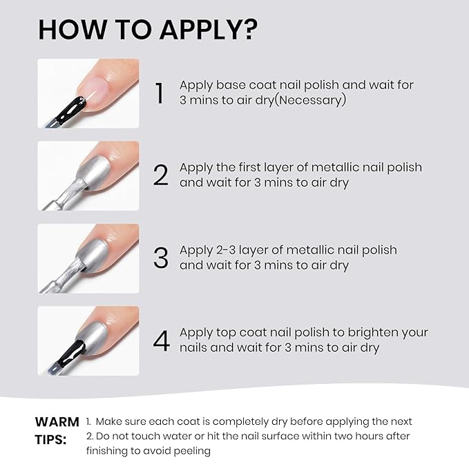 Silver Metallic Nail Polish Quick Dry Mirror Nail Polish Non Gel High Glossy Nail Lacquer Air Dry Chrome Nails Polishes Oil-based Holo Fingernail and Toenail
