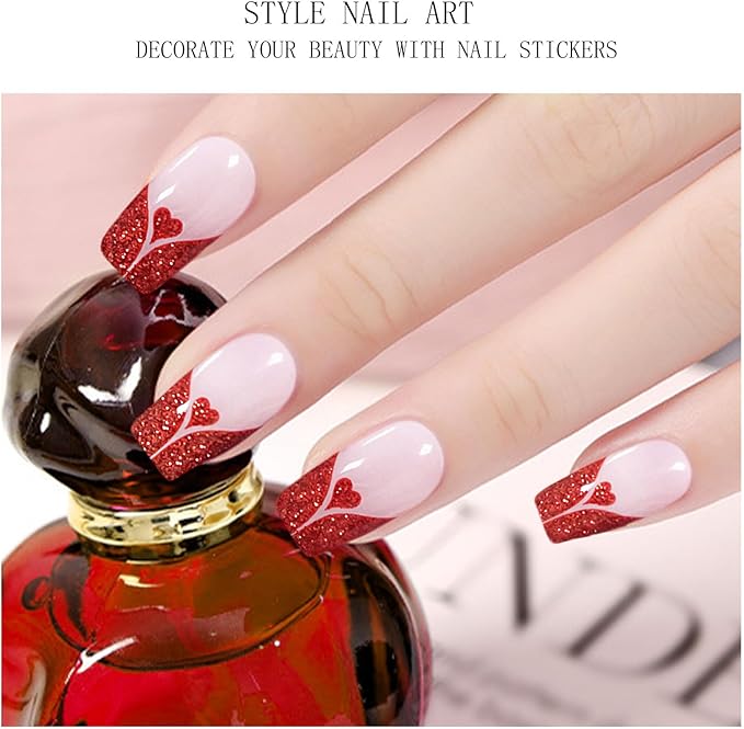 JMEOWIO Gel Nail Stickers Valentines Day Cream Pink Glitter Red Heart Semi Cured Gel Nail Strips Wraps UV/LED Nails Art Design Decoration Accessories