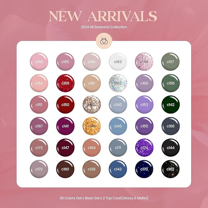 Beetles Gel Nail Polish Set 36 Colors Nail Gel Polish Kit Burgundy Red Blue Green Brown Gold Glitter Pink with Base Top Coat UV LED Needed Manicure Gifts for Women Neutral Elegance