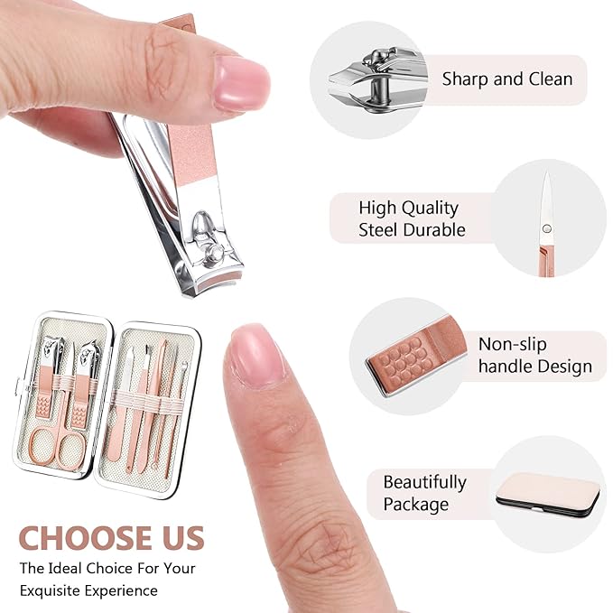 Geosar 12 Sets Manicure Set Nail Clippers Pedicure Kit 8 in 1 Grooming Stainless Steel Kits Nail Care Tools with Travel Case for Employee Coworker Teachers Nurse Gifts(Rose Gold)
