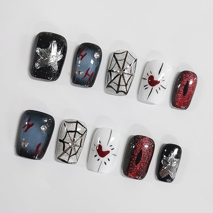 Halloween Press on Nails Short Square Handmade Acrylic Nails 3D Thick Cats Eyes Fake Nails with Rhinestones Spider Web Stars Designs Sparkly Black&Red Sturdy Art False Press on Nail 10Pcs(S)