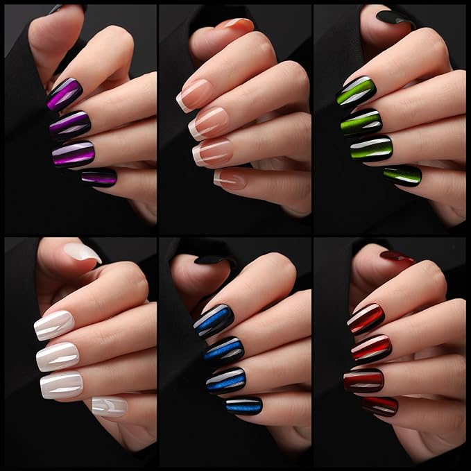 FANDAMEI Press On Nails, 6 Colors Cat Eye Press On Nails Short, Natural Fake Nails Glossy French Tip, Cat Eye Nails for Women Salon Quality, Christmas Iridescent Press on Nails Kit