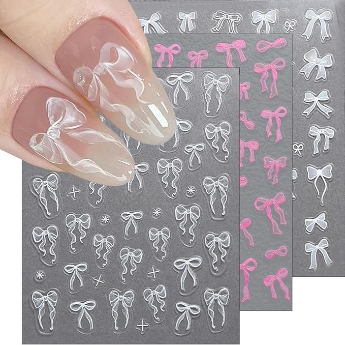 5D Bow Nail Stickers for Nail Art Embossed Self Adhesive Bow Nail Decals Pink White Ribbon Bows Design Cute Nail Art Stickers Lace Bows Nail Supplies for Women Valentines Nail Decorations 3Sheets
