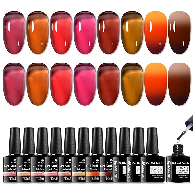 12Pcs Jelly Gel Polish Set Crytal Orange Burgundy Red Transparent Amber Gel, Brown Color Changing Gel Nail Polish Set Fall Winter Manicure Kit 8 Colors