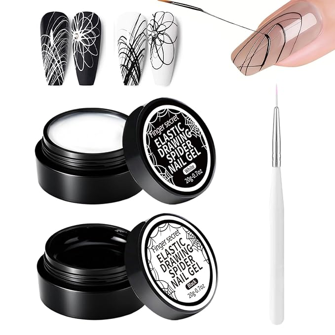 20g/0.7oz Elastic Drawing Spider Gel for Nails, GelS Paint for Nails Art Wire Drawing Nail Gel for Line with Brushes for Nail Art (2EDS-WhiteBlack)