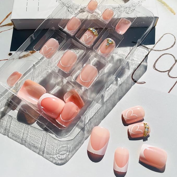 24Pcs Valentines Day French Tip Press on Nails Short Square Heart Fake Nails with Rhinestones Designs Glossy Nude Pink Stick on Nails White Heart Glue on Nails Valentines False Nails for Women Girls