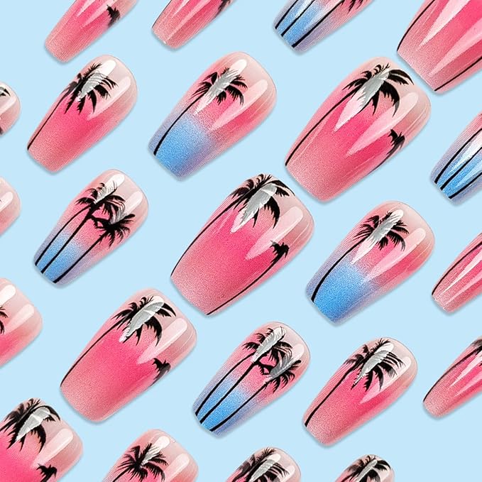 French Tip Press on Nails Medium Coffin Fake Nails with Coconut Tree Designs Seaside Starry Sky Gradient Glue on Nails Pink Blue Acrylic Nails Summer Beach Stick on Nails for Women Girls