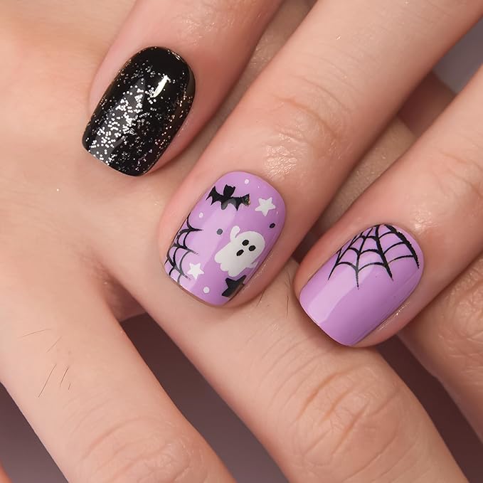 Curvlife Press on Nails Acrylic Halloween Fake Nails with Design Full Cover False Nails Reusable Nail Kit with Nail Glue AdhesiveTabs Artificial Glue on Nails