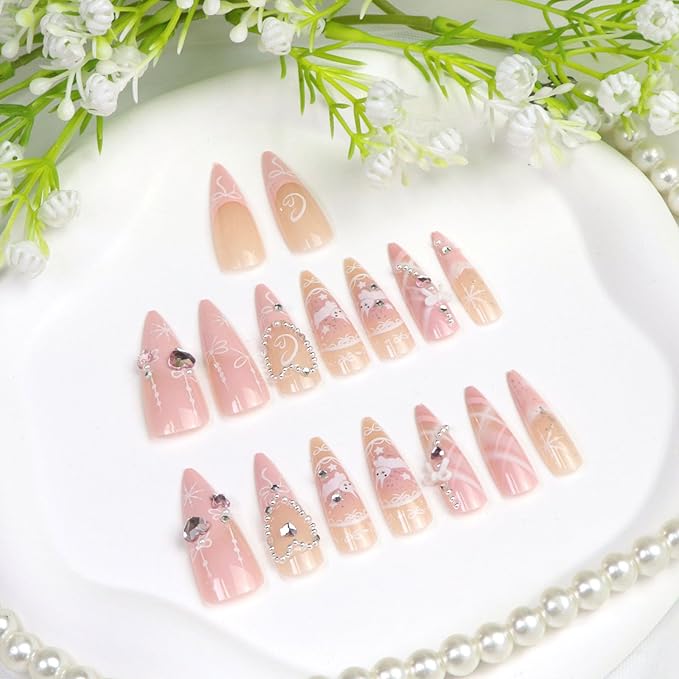 Pink Press on Nails Long Almond Cute Rabbit Bow Heart Rhinestones Fake Nails Press ons Pink French Tip Pearls Glitter Handmade Glue on Nail Acrylic Glossy Stick on Nail for Women Girls 24 Pcs