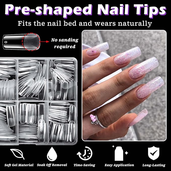 LoveOurHome 360pc Long Square Nail Tips Clear Fake Nails Square Gel Nail Tips Full Cover Acrylic Nails Clear Press on Nails Long False Nail 15 Sizes Fingernails for Gel Nail Extension