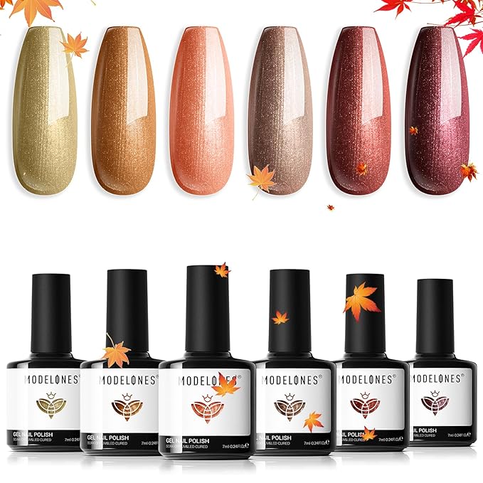 modelones Fall Gel Nail Polish Set, 6 Colors Glitter Brown Orange Red Yellow Nail Drawing Swirl Shell Thread Effect Gel Polish Kit Soak Off Led Nail Gel Polish DIY Mani Gift