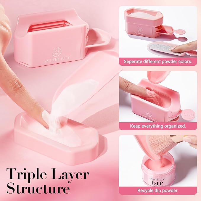 AZUREBEAUTY Dip Powder Recycling Tray System, Triple Layer Recycling Case Nail Dip Powder Container with Nails Tool Nail Brush Glass Nail File, French Nail Art Manicure Essential Tool