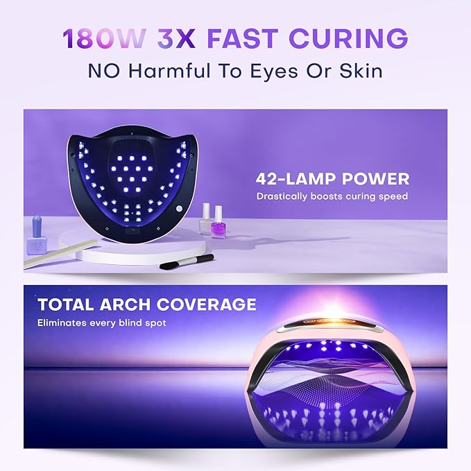 Gugusure UV LED Nail Lamp, Upgrade 180W Nail Dryer for Gel Polish with LCD Display, Auto Sensor and 4 Timer Settings, Professional Curing Lamp Light with 42 Beads for Salon and Home