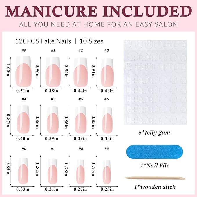 120PC White French Tip Press on Nails Medium Fake Nails Press ons with 5*Adhesive Tabs, Pink Square Acrylic Nail Press on Nail French Tip Nails False Artificial Fingernails Stick on Nails-A