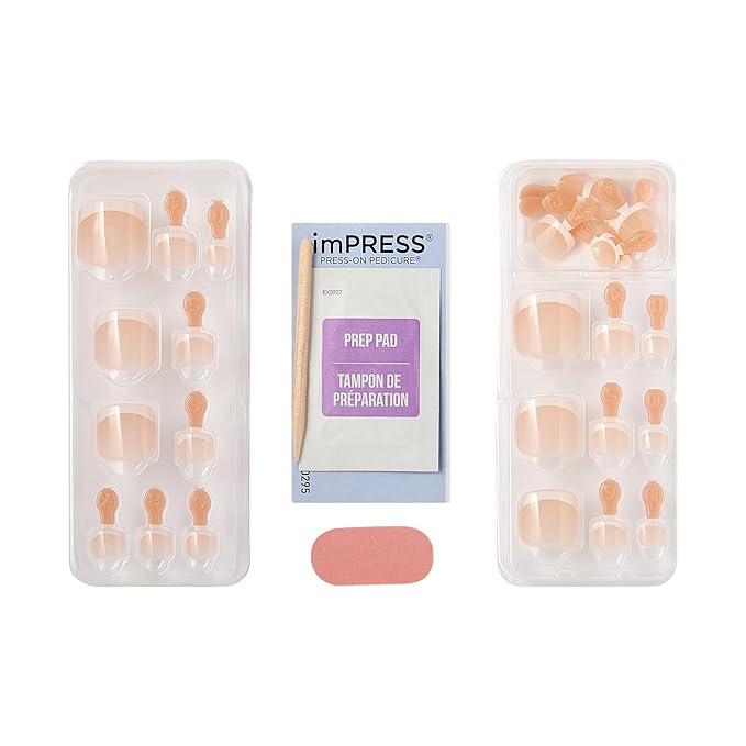 KISS imPRESS French Tip Press On Toenails, 'Blanc Chic', White, Short Squoval, Pedicure Nail Kit Includes 24 Press On Toenails, Prep Pad, Mini Nail File, & Pedicure Stick