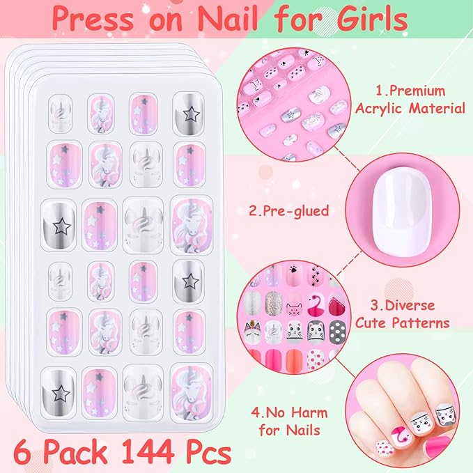 144 Pcs Thrilez Kids Press on Nails for Girls, Teens - Artificial Nail Tips, Pre Glue Full Cover Short Nails - Nail Art Decoration (Pink Series)