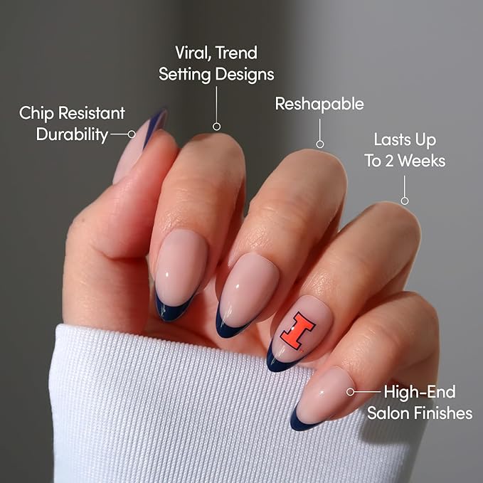 Glamnetic x Fanatics Press On Nails - Illinois Fighting Illini | Short Almond Fake Nails, Collegiate Illini Blue French Tips, College Nails, Salon-Quality | 15 Sizes - 30 Nail Kit with Glue