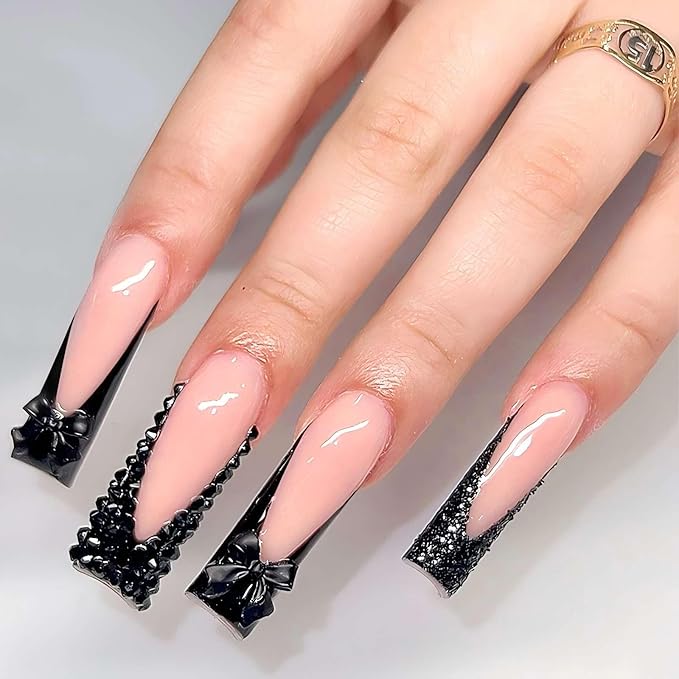 FORBELOVED NAILS,French Tip-Black Glitter Press On Nails,Long Square Glue On Nails,Glossy Full Covered Gems,Black Flower Bow False Nails For Women And Girls,12Sizes-24Pcs with Glue,(Nude-LS),FOB