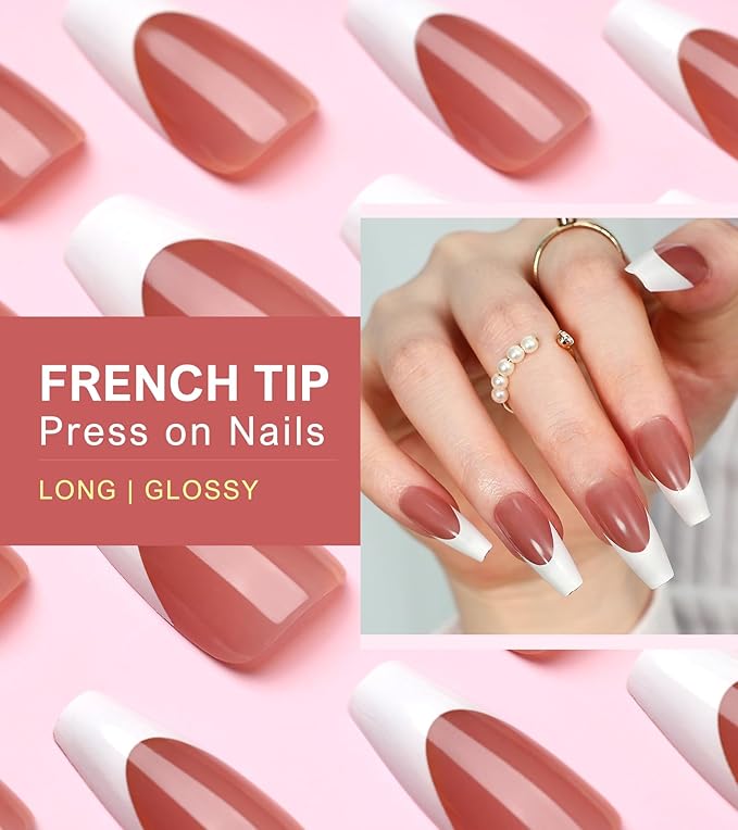 Morily Pink White French Tip Press on Nails - 30Pcs Thicker Fake Nails with Design, Full Cover Long Coffin False Nails Reusable Acrylic Stick on Nails in 15 Sizes, Include Glass File