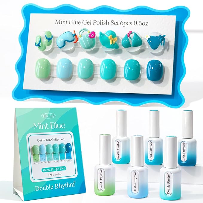 Double Rhythm 6 Pcs Hema Free Gel Polish Set 0.50 OZ Same Color Same Bottle Soak Off Neutral Natural Milky Gel Polish Kit Nail Art Manicure Salon DIY at Home (Pale Green Mint Blue Teal-H6-14)