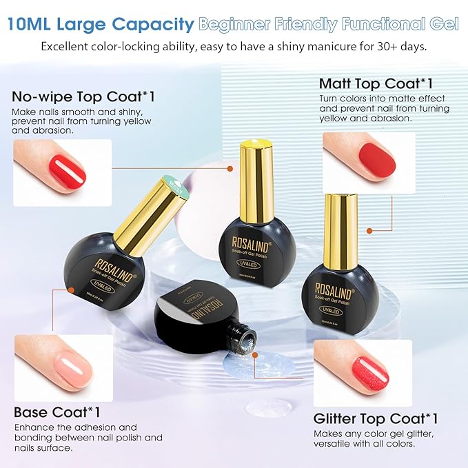 ROSALIND 25pcs Gel Nail Polish Set 21 colors gel polish Burgundy Purple Nude Silver Cat Eye with 10mL 4pcs Base & Top Coat, Soak Off U v DIY Salon Nail Gel Gift for Women