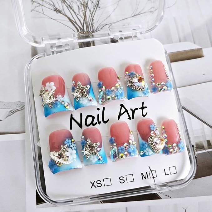10 Pcs Handmade Acrylic Press on Nails Short Duck Fake Nails with Design 3D Flower Rhinestone Charm Glue on False Nails Blue White French Tip Artificial Handmade Nails for Women - Size M