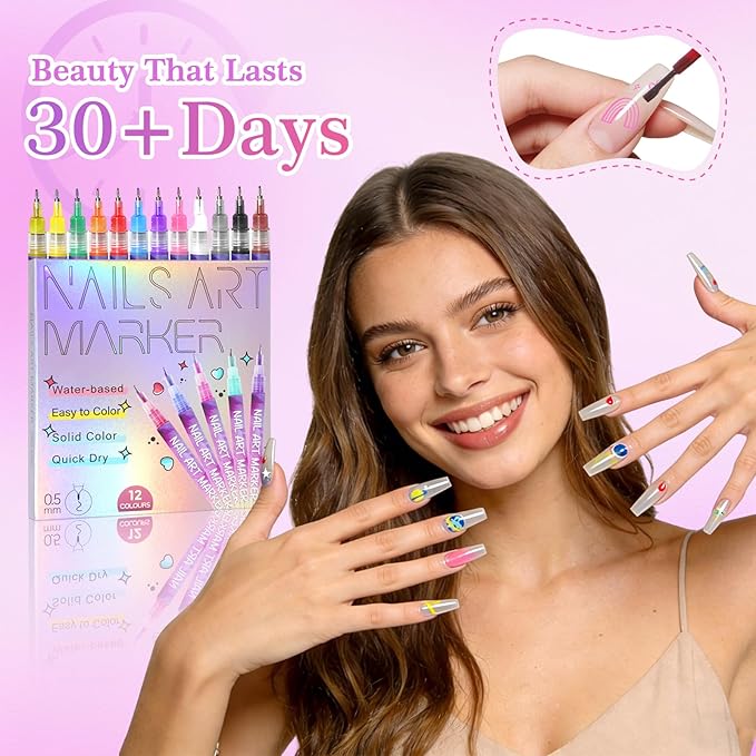 12 Colors Nail Art Marker Pens Set, Nail Markers for Nail Art, Suitable for Nail Art, Nail Painting, And Artistic Decorations; Suitable for Both Children And Adults. (12 Colors)
