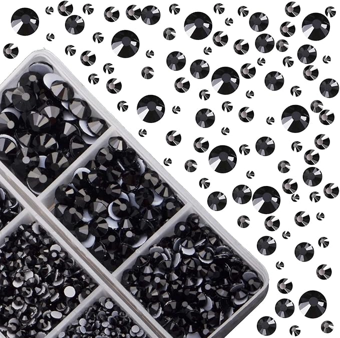 4000pcs Mixed Size Hot Fix Round Crystals Gems Glass Stones Hotfix Flat Back Rhinestones (Jet Black)