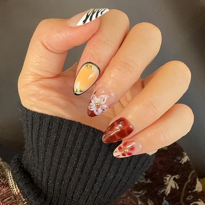10Pcs Short Almond Handmade Press On Nails | Nude Pink & Brown Ombre with Tortoiseshell Print, 3D Floral & Gold Bead Decor | Reusable Salon-Quality Fake Nails for Women and Girls (251212, XS)